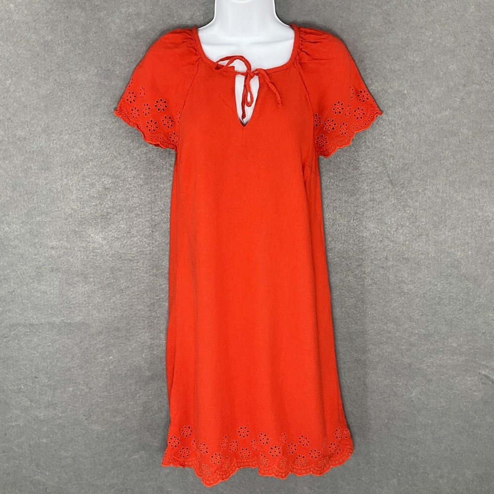 Old Navy Dress Women XS Orange Linen Blend Floral Cut Out V-Neck Midi Peasant